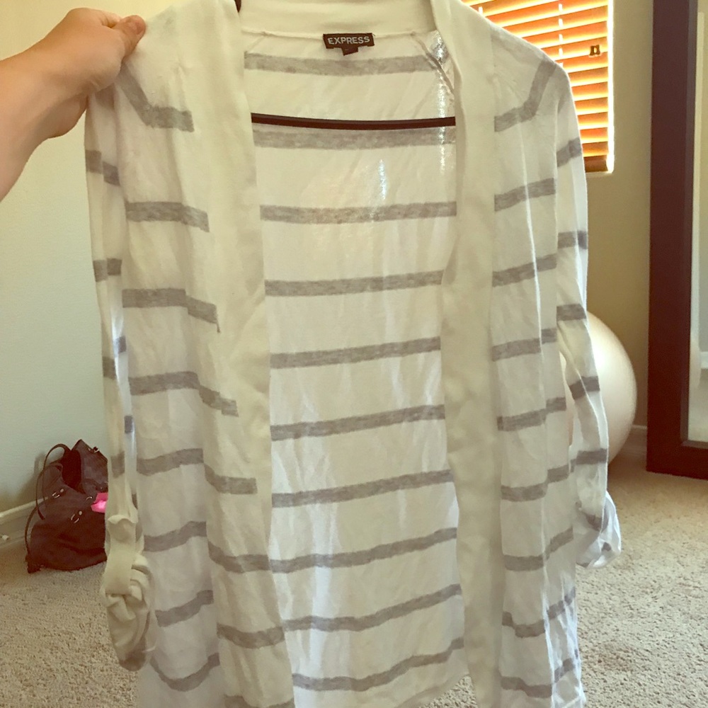 White and grey striped express cardigan xs